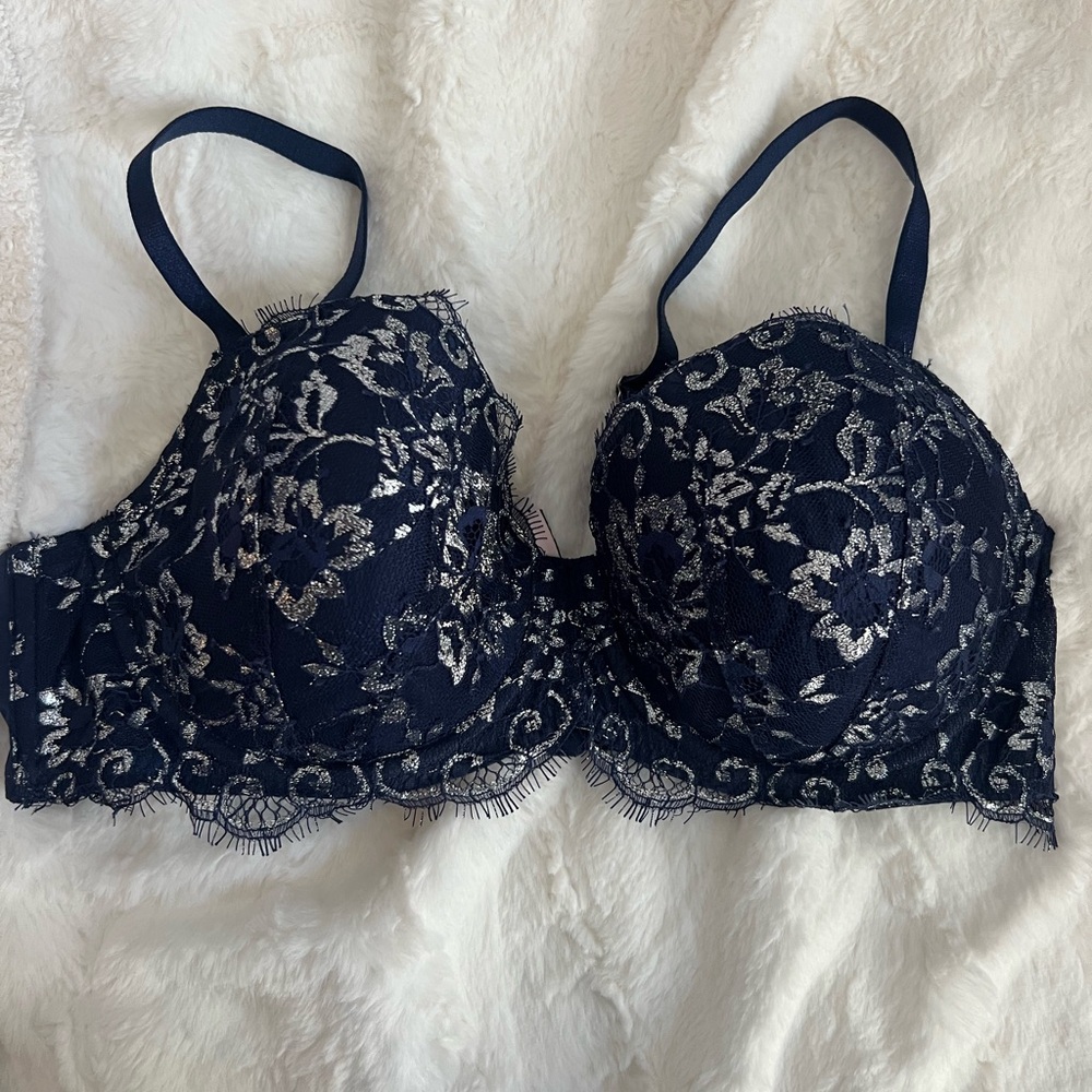 Victoria Secret Navy and Silver Lace Bra